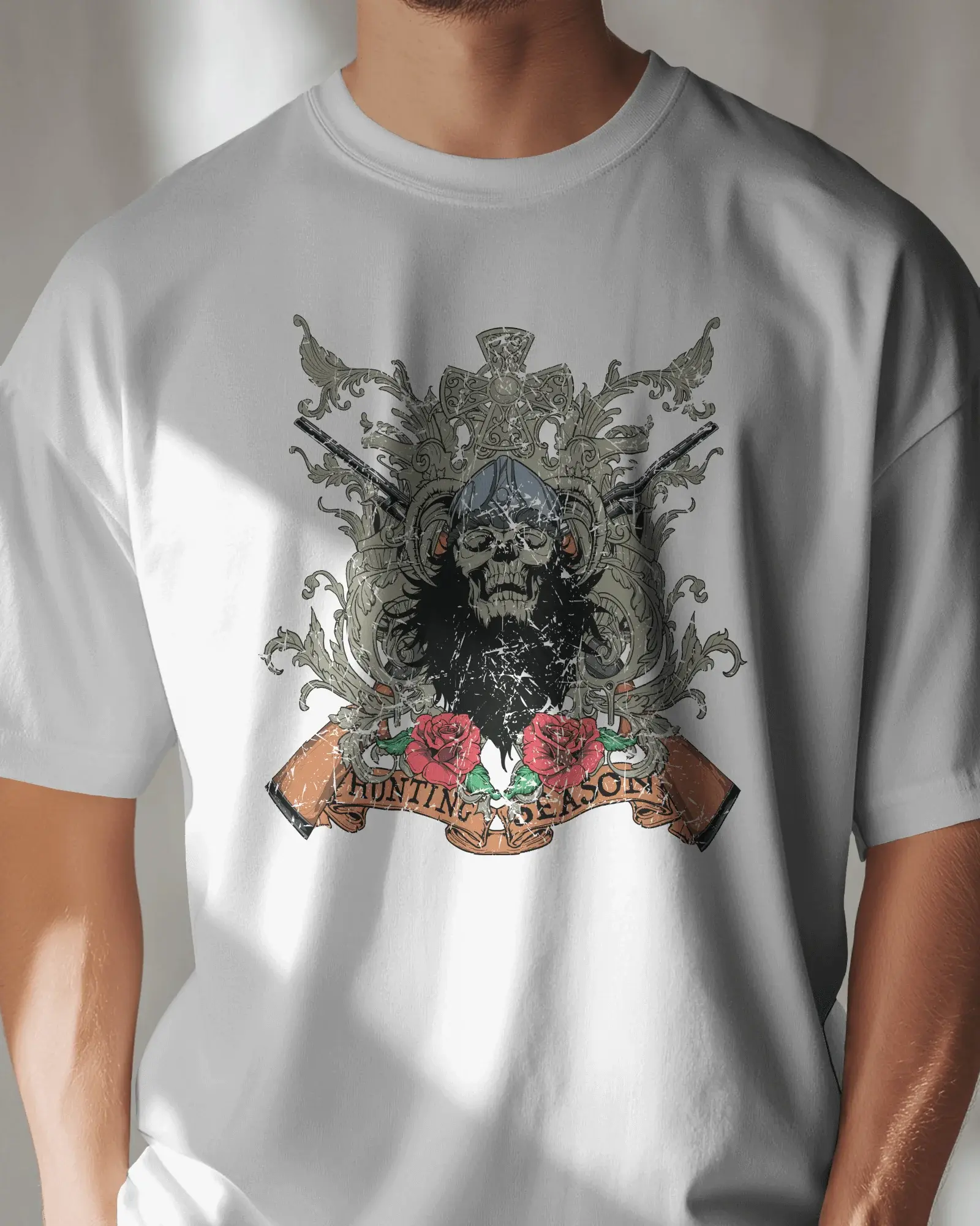 Premium Gothic Skull Rose Hunting Season White T-shirt - YORD