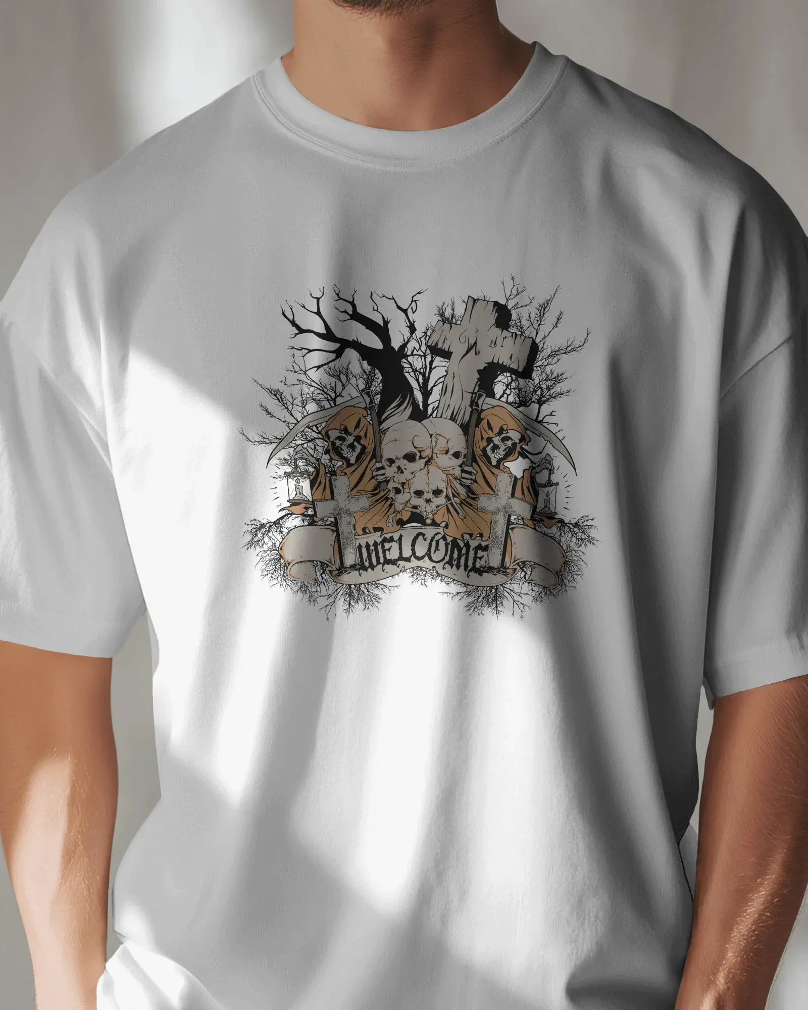 Premium Grim Reaper 'UNWELCOME' Gothic Print T-Shirt - YORD