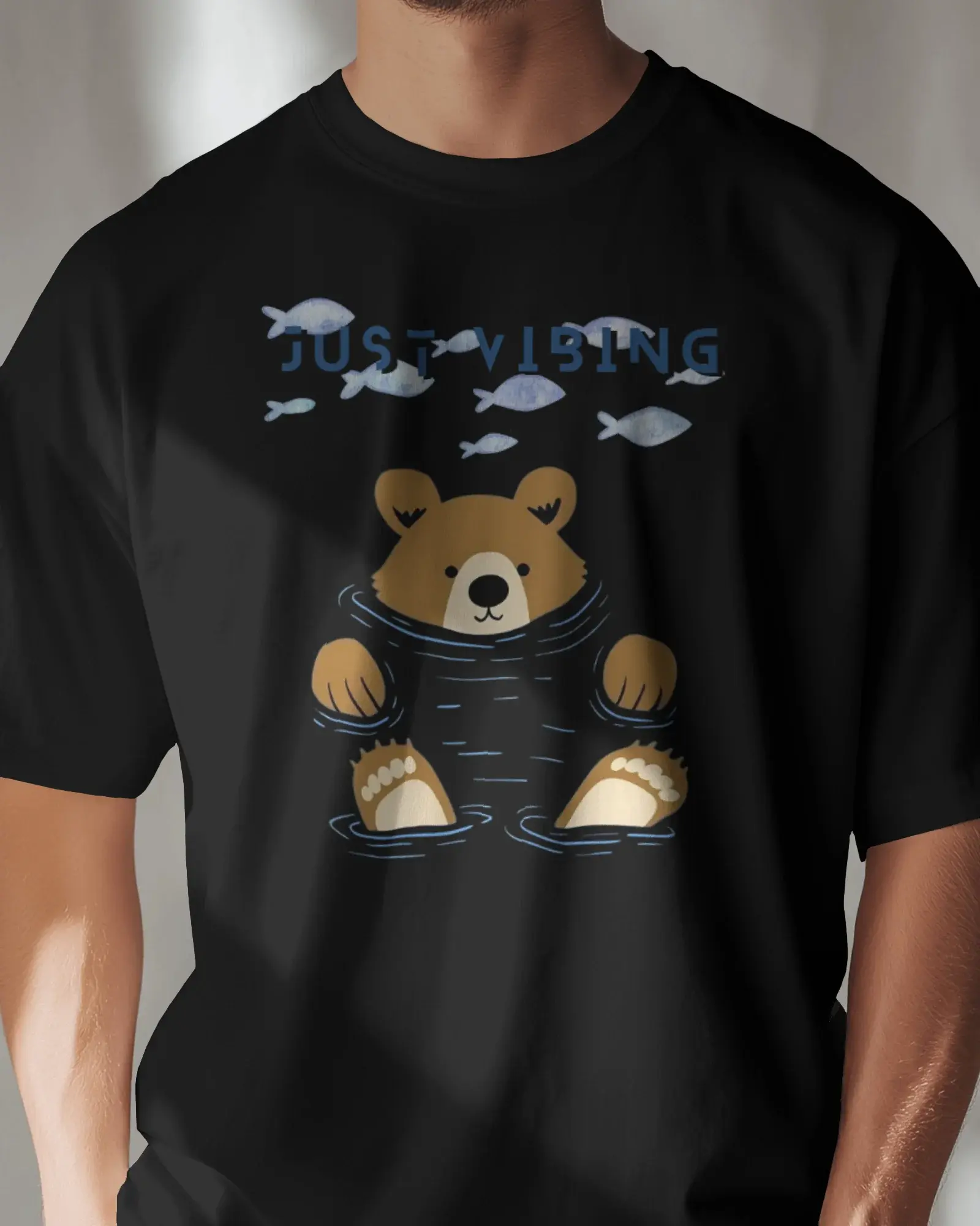 Premium 'Just Vibing' Bear & Fish Print Regular T-shirt